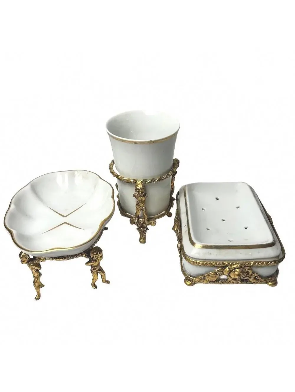 Vintage White Porcelain and Brass Decorative Hollywood Regency Vanity Set